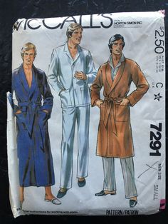 "Vintage ©1980 McCalls 7291 Men's Robe and Pajamas Pattern: \"Robe in two lengths has shawl collar, lower patch pockets, optional upper patch pockets, tie belt; long sleeves turn up to form cuffs. Buttoned pajama top has notched collar, long sleeves, patch pockets and tie belt. Pants have elastic in waistline casing and fly front opening.\" Pattern is unused with factory folds. Envelope shows mild to moderate wear with creases and tears (see photos). Overall Good to Very Good condition. Please s Robe Pajamas, Pajamas Pattern, Mens Sewing Patterns, Belt Pants, Pajama Pattern, Men's Robes, Bias Cut Skirt, Mccalls Sewing Patterns, Vintage Clothing Men