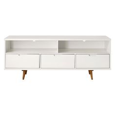 an entertainment center with three drawers and two doors on one side, in white finish