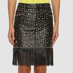 $1949 Jeremy Scott Womens Black Studded Embellished Sheep Leather Pencil Skirt 2 885700648598 | eBay Pencil Skirt Professional, Leather Fringe Skirt, Leather Pencil Skirt, Life Of The Party, Fringe Skirt, Jeremy Scott, Sheep Leather, Leather Cleaning, Leather Fringe