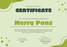 a certificate for merry pons with green swirls and dots on the bottom, in front of a white background