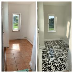 before and after photos of a bathroom with tile flooring in the process of remodeling