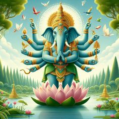 an elephant statue sitting on top of a lotus flower in front of a body of water