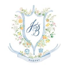 a watercolor drawing of the initials and flowers