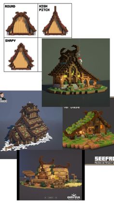 several different types of houses made out of wood and stone, with text below them