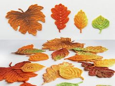 crocheted leaves are arranged in different colors