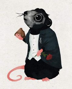 a painting of a rat holding a piece of cake and wearing a tuxedo