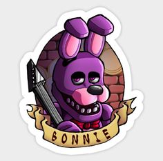 a sticker with an image of a purple bunny holding a knife in front of a brick wall