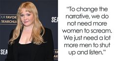 a woman with long blonde hair standing in front of a black and white sign that says to change the negative, we do not need more women to scream