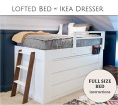 loft bed with ikea dresser and full size bed instructions on the bottom shelf below