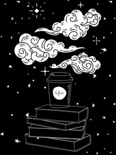 a stack of books with clouds coming out of them and the words coffee on top