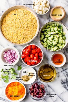 the ingredients for this salad are laid out in bowls