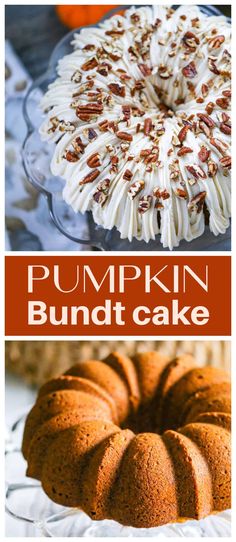 pumpkin bundt cake with cream cheese frosting and pecans in the middle on top