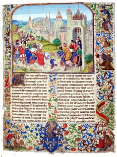 an illuminated manuscript with medieval writing and images of people on horseback in front of a castle