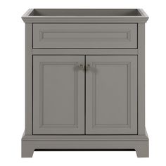 a gray cabinet with two doors and one drawer on the bottom, in front of a white background