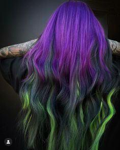 Black Light Hair Dye, Green Black And Purple Hair, Black Green Purple Hair, Beetlejuice Hair Color, Halloween Colored Hair, Black And Vivid Hair Color, Halloween Dyed Hair, Vibrant Hair Color Ideas Brunettes, Green And Purple Hair Ideas