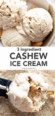 three scoops of cashew ice cream in a bowl with the text 3 ingredient cashew ice cream