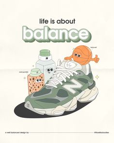 an advertisement for the new balance brand featuring a cartoon character and various items on it