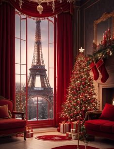 a christmas tree is in front of a window with the view of the eiffel tower