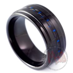 black ceramic ring with blue carbon fiber inlays