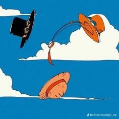 two cartoon characters are flying in the sky with hats on their heads and one is holding a string