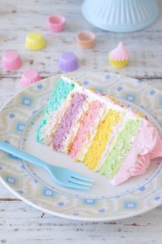 a slice of rainbow cake on a plate with a fork and cupcakes in the background