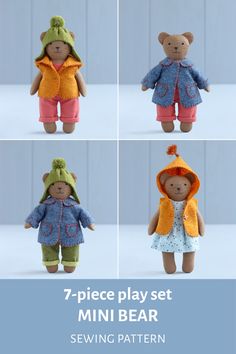 four pictures of teddy bears in different outfits with text overlay that says, 7 piece play set mini bear sewing pattern