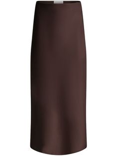 chocolate brown satin finish bias cut concealed side zip fastening mid-length straight hem Brown Satin Midi Skirt, Midi Skirt Brown, Satin Maxi Skirt, High Rise Skirt, Latest Skirts, Brown Satin, Satin Midi Skirt, Wardrobe Edit, Yoko London