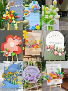 there are many colorful flowers on display in this collage, including cards and balloons