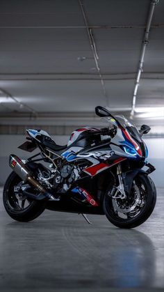 a motorcycle parked in a parking garage