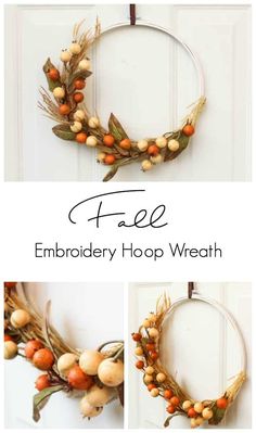 an image of a wreath made out of fake pumpkins and dry grass with the words free embroidery hoop wreath