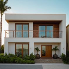 a white house with two balconies and palm trees