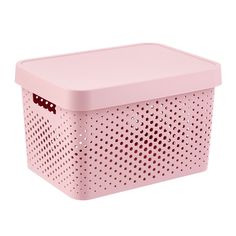 a pink plastic basket with holes on it