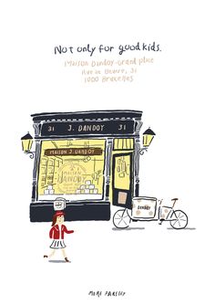 a drawing of a woman walking past a store front with the words not only for good kids