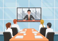 people sitting around a conference table in front of a tv