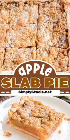 an apple slab pie on a white plate with the title above it in brown text