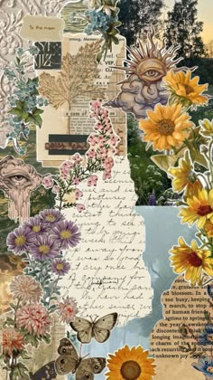 an altered collage with flowers and butterflies on it's side, in the middle of