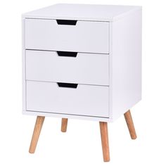 the three drawers are white and have wooden legs