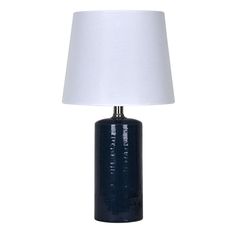 a blue table lamp with a white shade on the top and bottom part of it