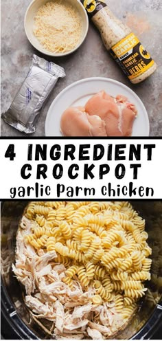 the ingredients for this crockpot garlic parm chicken meal are shown in pictures