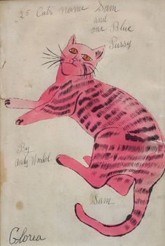 a drawing of a pink cat with black stripes on it's body and tail