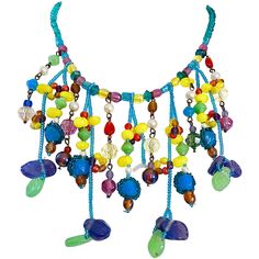 Rare early 80s MARC LABAT muto colored fruit salad style necklace choker. Features blue, yellow, purple, blue, turquoise, red and orange beads, stones and pearls throughout. Adjustable length can be worn multiple lengths 1980 Jewelry, 80s Jewelry, Pearl Vintage, Craft Corner, Retro Jewelry, Vintage Navajo, Fantasy Dress, Macedonia, Candy Colors