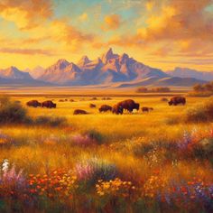 an oil painting of bison grazing in a field with mountains in the background at sunset