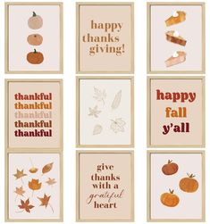 six thanksgiving cards with pumpkins and leaves