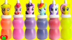 the little pony bottles are lined up next to each other in front of a yellow background