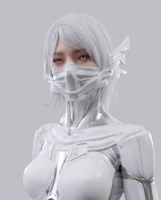 a woman with white hair wearing a futuristic outfit