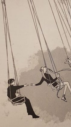 two people sitting on swings in the air