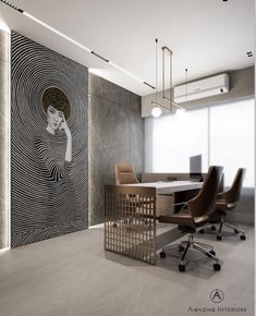 an office with a large painting on the wall next to a table and chairs in front of it