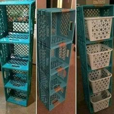 three different pictures of baskets stacked on top of each other, one is blue and the other is white