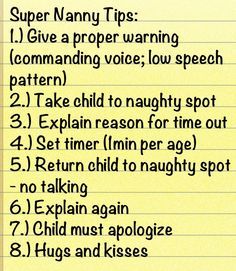 a note with the words super nanny tips 1 give a proper warning 2 recommending voice, low speech 3