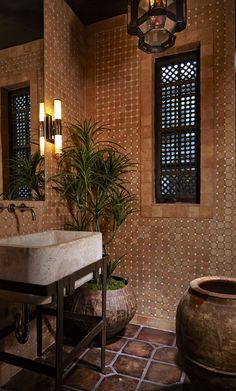 a bathroom with a sink and potted plants